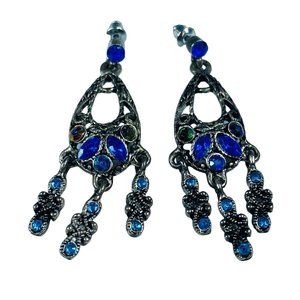 Earrings Pierced Dangle Drop Silver Color Metal Shades of Blue Rhinestones
